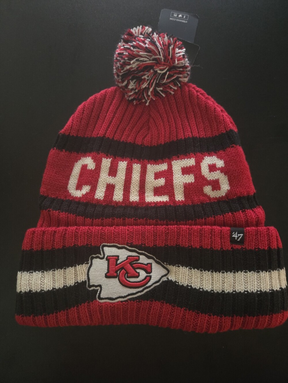 NWT 47 Kansas City Chiefs Red Black Cream Pom Pom Beanie NFL
